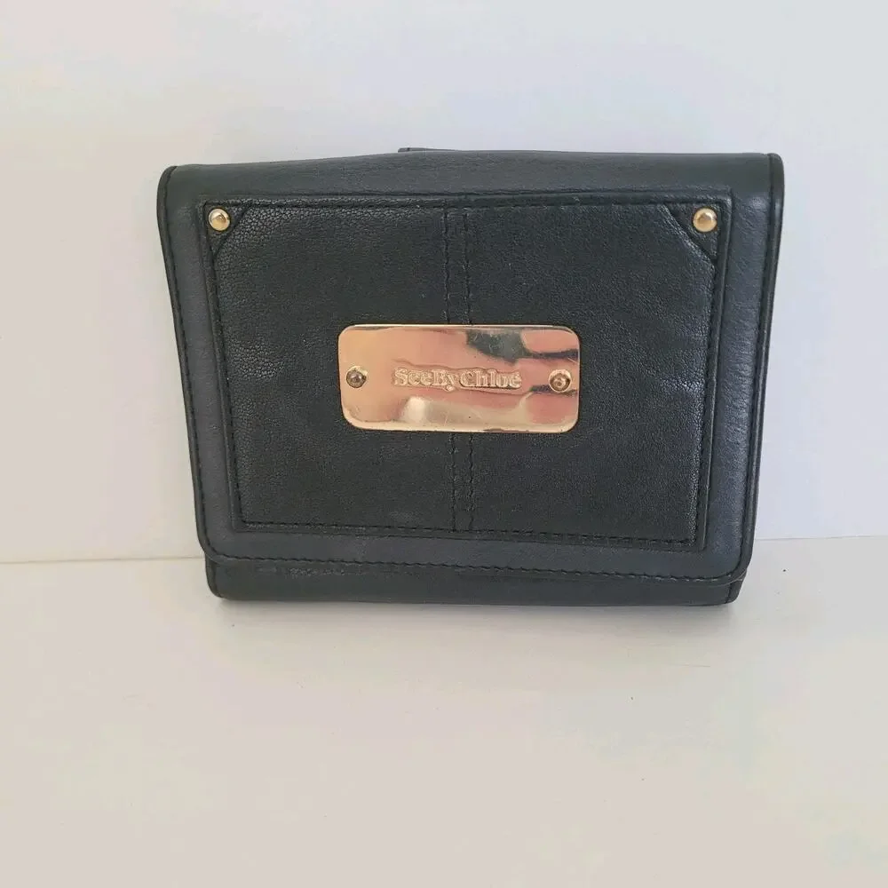 See By Chloe Card Bill Coin Wallet Logo Medium Leather Black Compact Designer‎